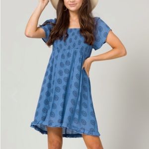 Smocked Medallion Cornflower Blue Cap Sleeve Dress